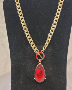Gold & Red Teardrop Stone Pendant Chain Toggle Necklace
